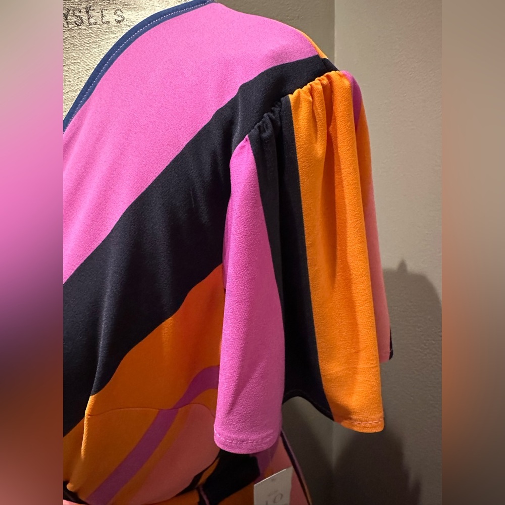 Donna Morgan Pink, Orange & Black Striped Faux-Wrap Midi Dress - Picture 7 of 10
